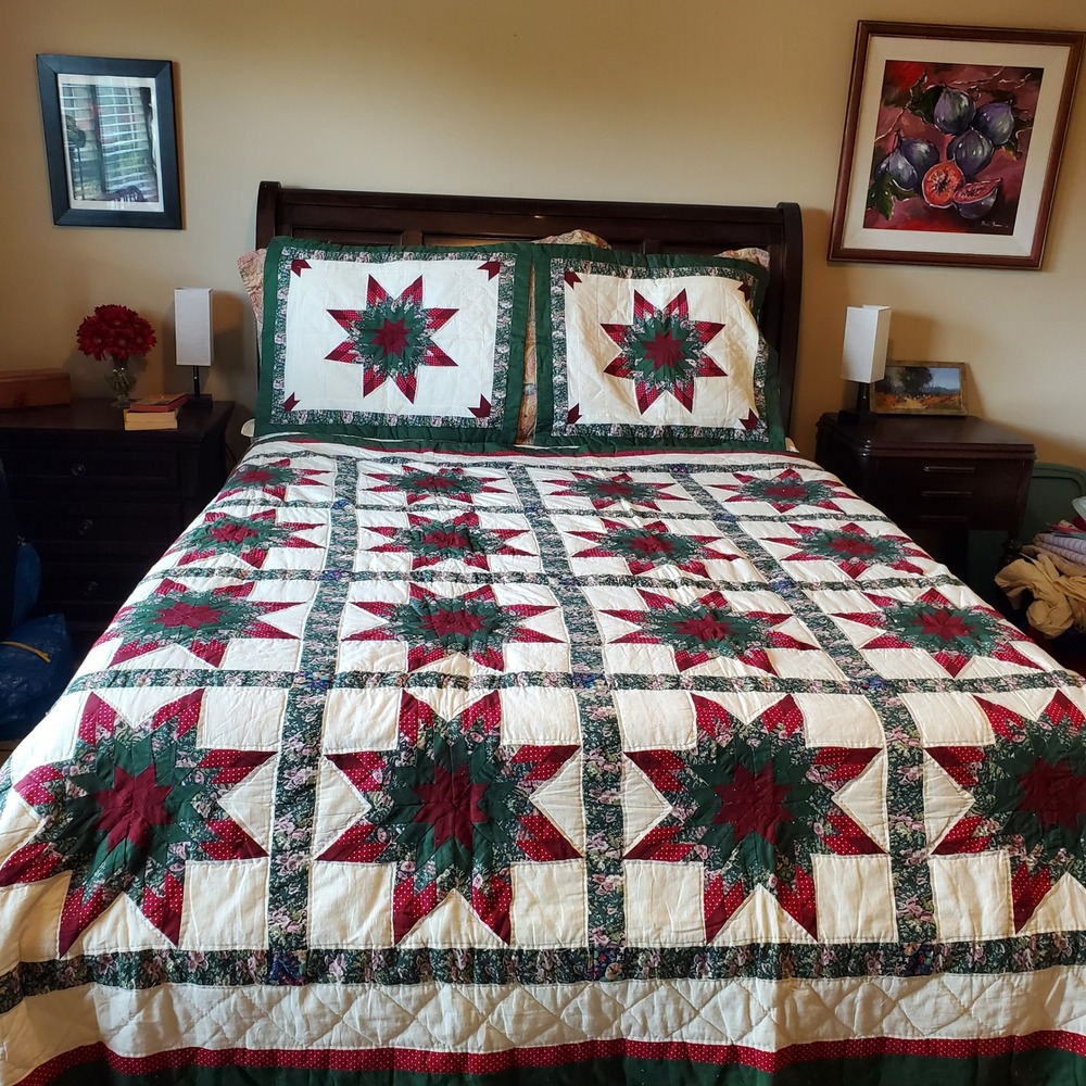 Sunham Bedding Star handsewn Patchwork Quilt Set Green Burgundy Cotton Queen 3pc